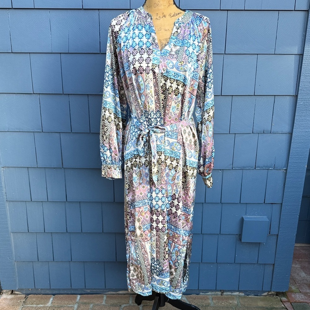She + Sky Dress caftan belted soft flowy paisley blue purple pink patchwork